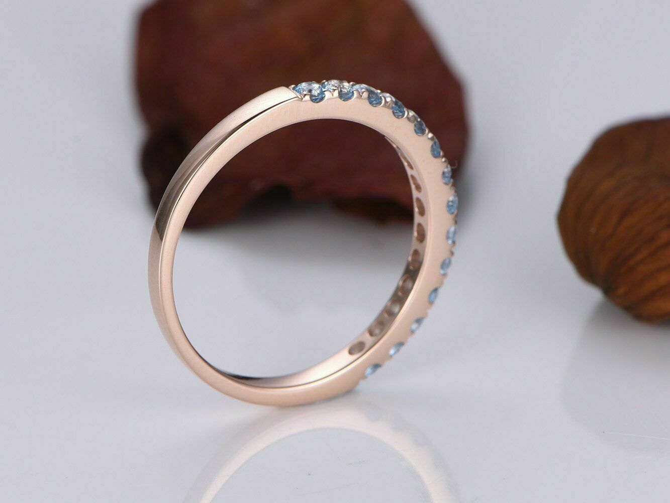 0.65Ct Round Cut Aquamarine Half Eternity Wedding Band Ring 14K Rose Gold Over Plated 925 Sterling Silver