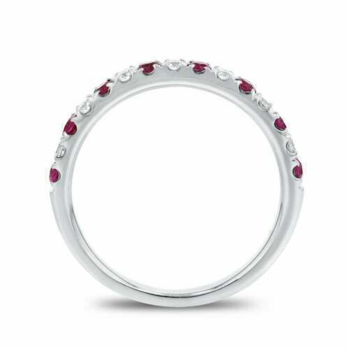 0.80Ct Round Cut Red Ruby & Diamond Half Eternity Wedding Promise Ring 14K White Gold Finish 925 Sterling Silver