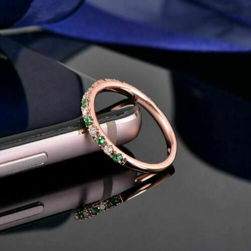 1/2Ct Round Cut Green Emerald & Diamond Half Eternity Wedding Band 14K Rose Gold Plated On 925 Sterling Silver