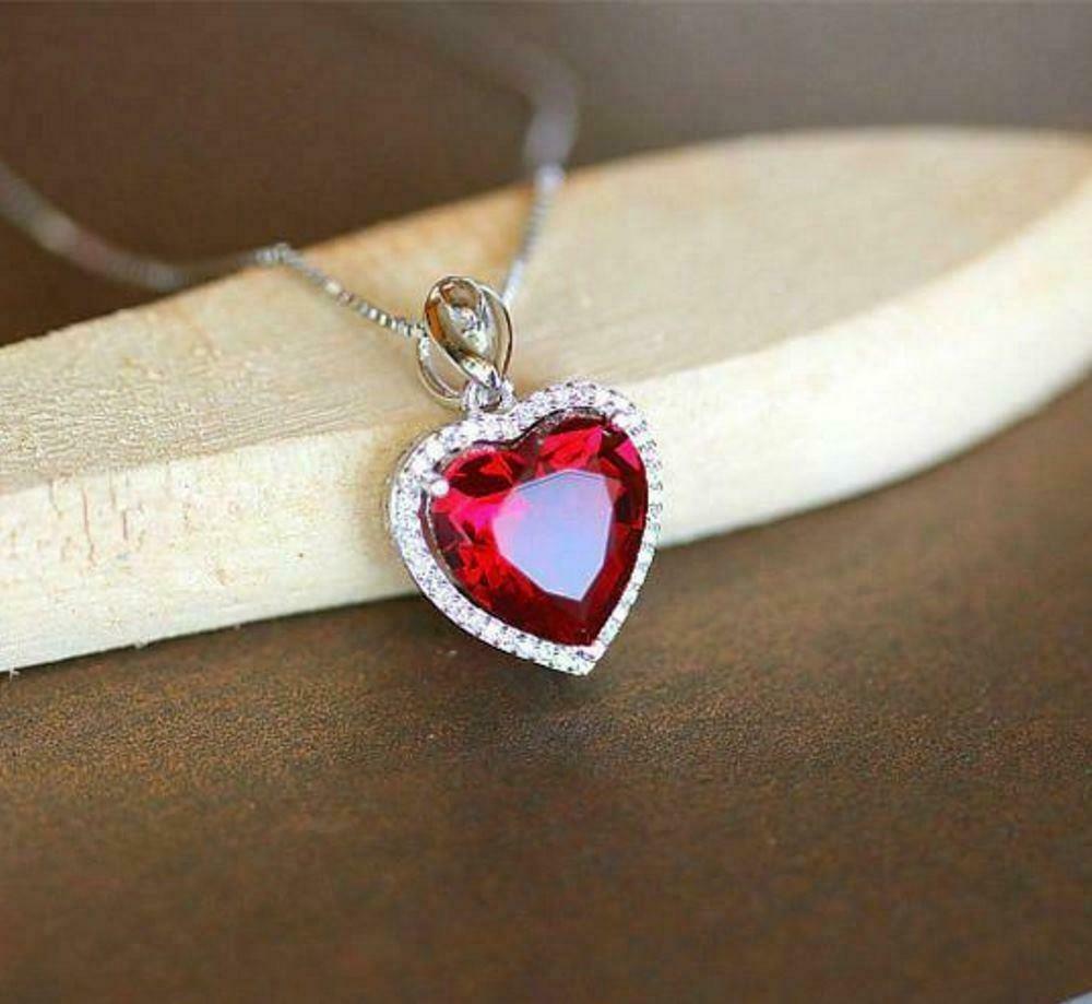 1.50 Ct Heart Cut Red Ruby Halo Love Heart Pendant Necklace 14k White Gold Over On 925 Sterling Silver