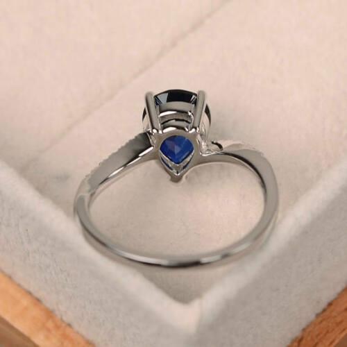 2 Ct Pear Cut Blue Sapphire 14K White Gold Plated Diamond Anniversary Wedding Halo Ring 925 Sterling Silver