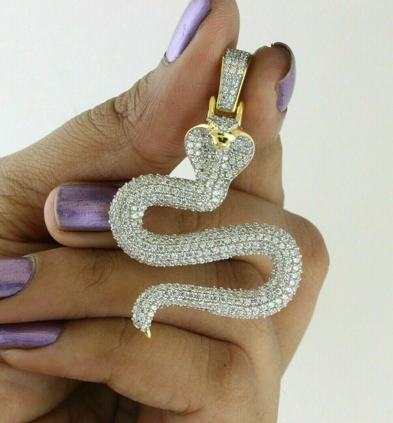 2Ct Round Cut Simulated Diamond 14K Yellow Gold Plated Unisex Snake Pendant 925 Sterling Silver