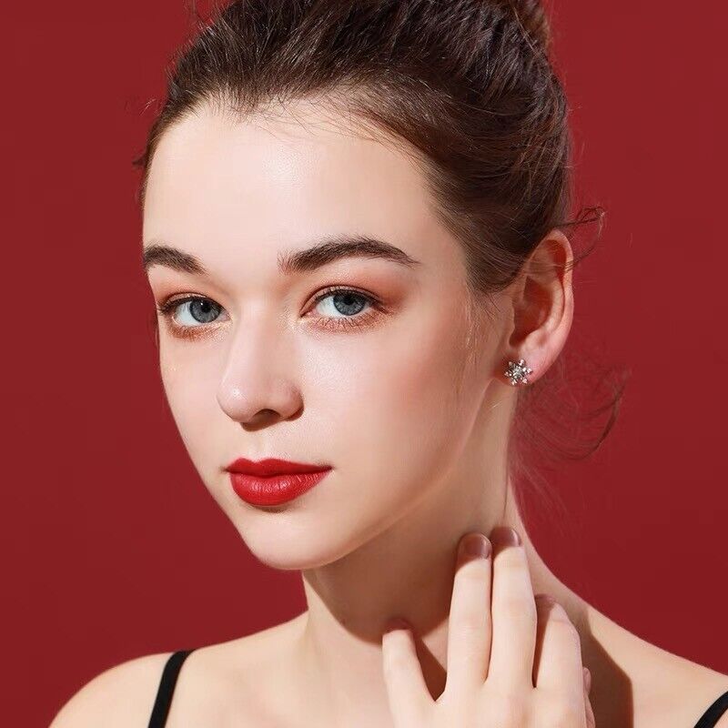 2 Ct Round Cut Diamond 14K White Gold Finish Christmas Crystal Snowflake Stud Earrings 925 Sterling Silver Womens