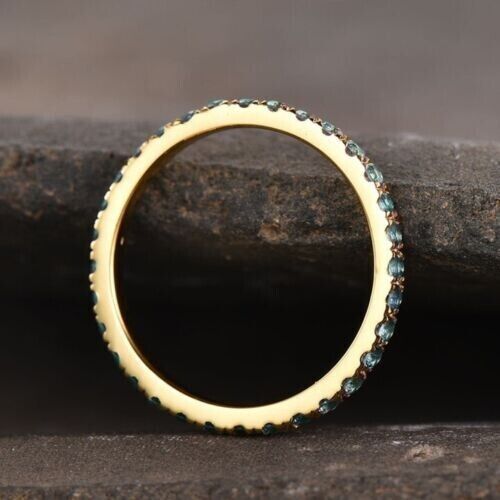 2.00 Ct Round Cut Blue Aquamarine Diamond 14k Yellow Gold Plated Wedding Promise Band Ring 925 Sterling Silver