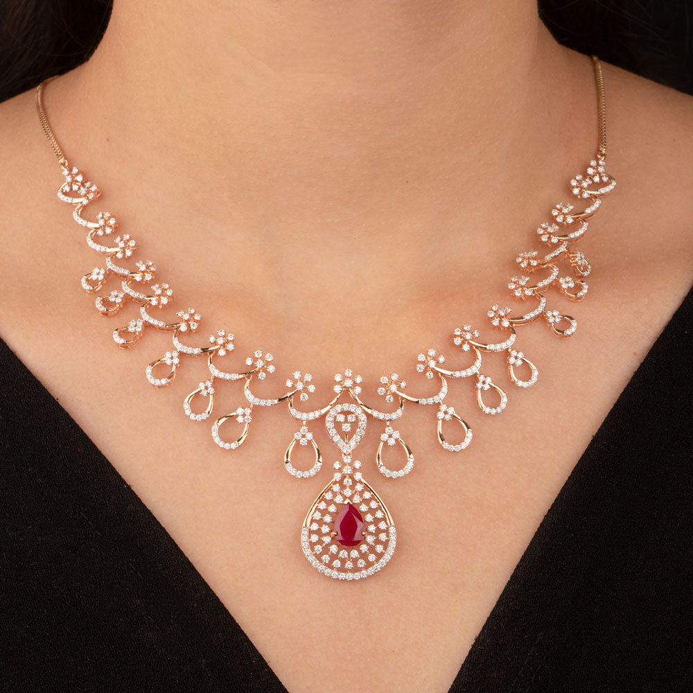 18K Rose Gold Diamond Necklace - 5.198ct VVS-VS-GH with Colour Stones