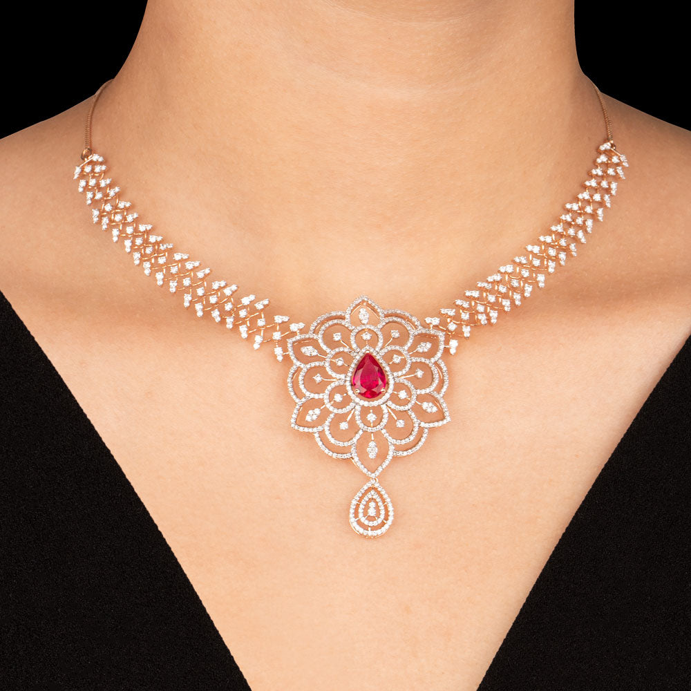 18K Rose Gold Diamond Necklace - 4.01ct VVS-VS-GH with Colour Stones