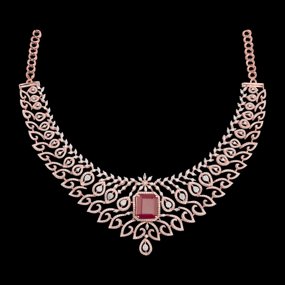 14K Rose Gold Diamond Necklace - 7.52ct VS-SI-FG with Colour Stones
