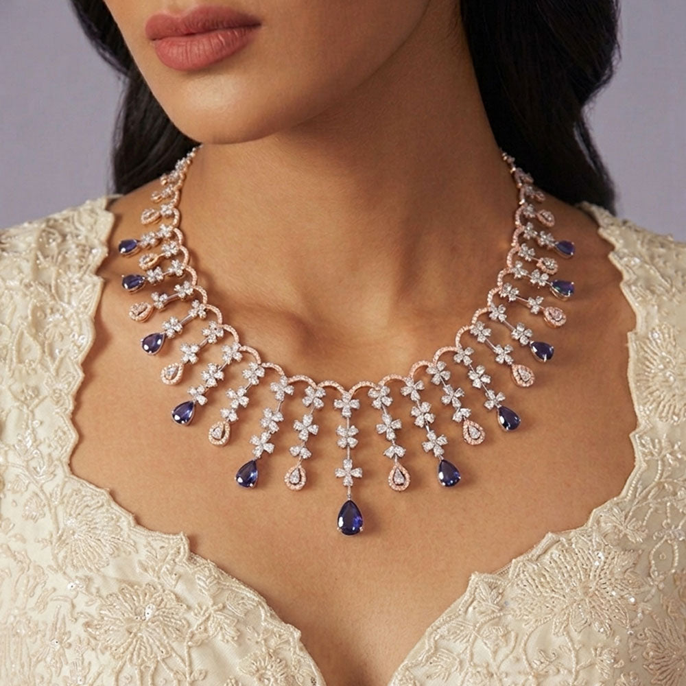 18K Rose Gold Diamond Necklace - 16.86ct VVS-VS-EF with Colour Stones