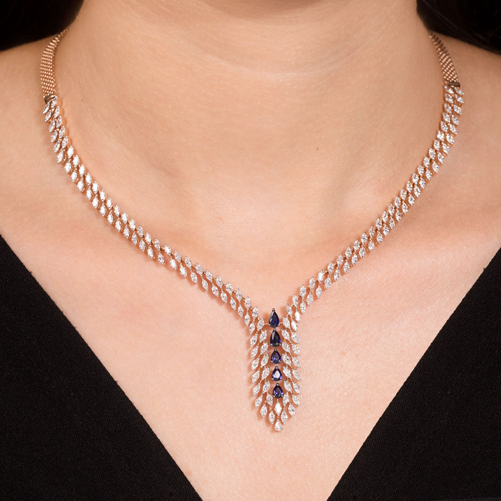 18K Rose Gold Diamond Necklace - 5.81ct VVS-EF with Colour Stones
