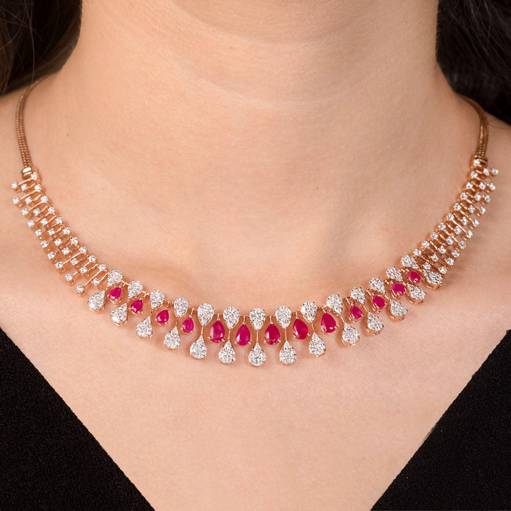 18K Rose Gold Diamond Necklace - 4.6ct VVS-EF with Colour Stones