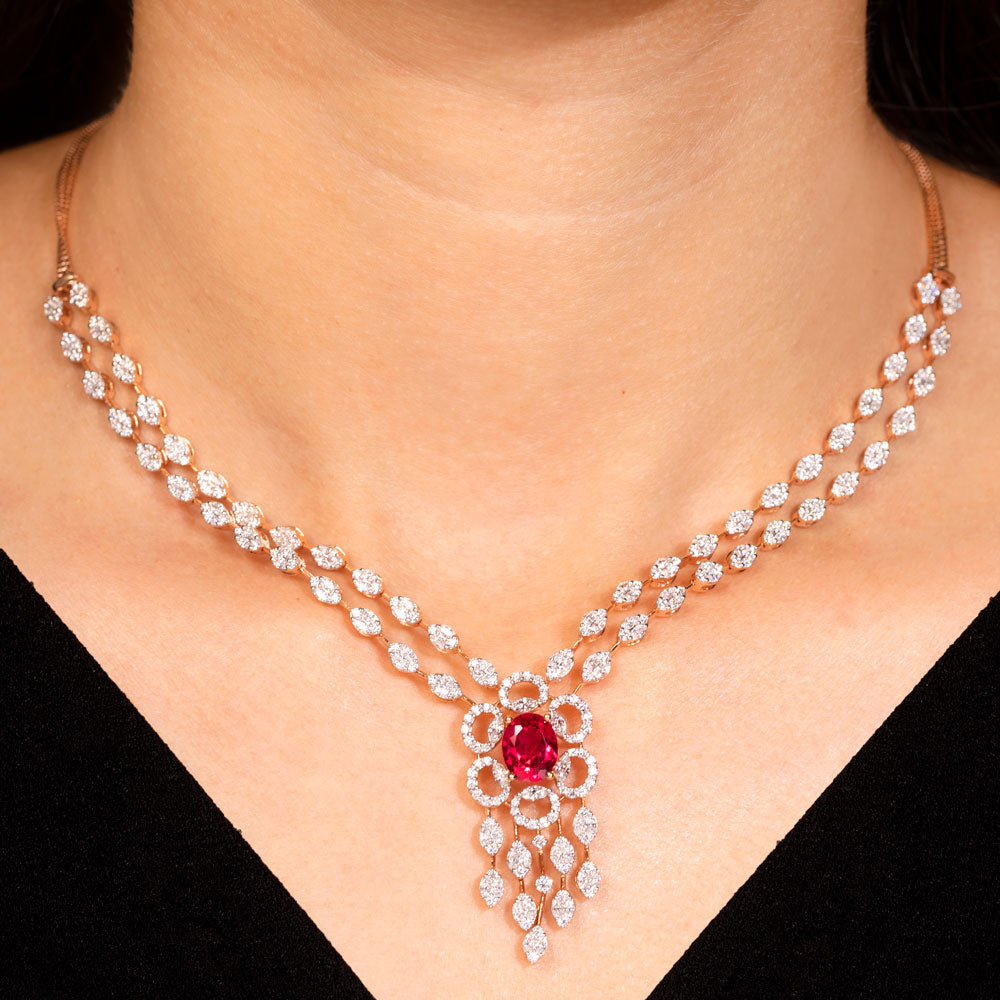 18K Rose Gold Diamond Necklace - 3.98ct VVS-EF with Colour Stones