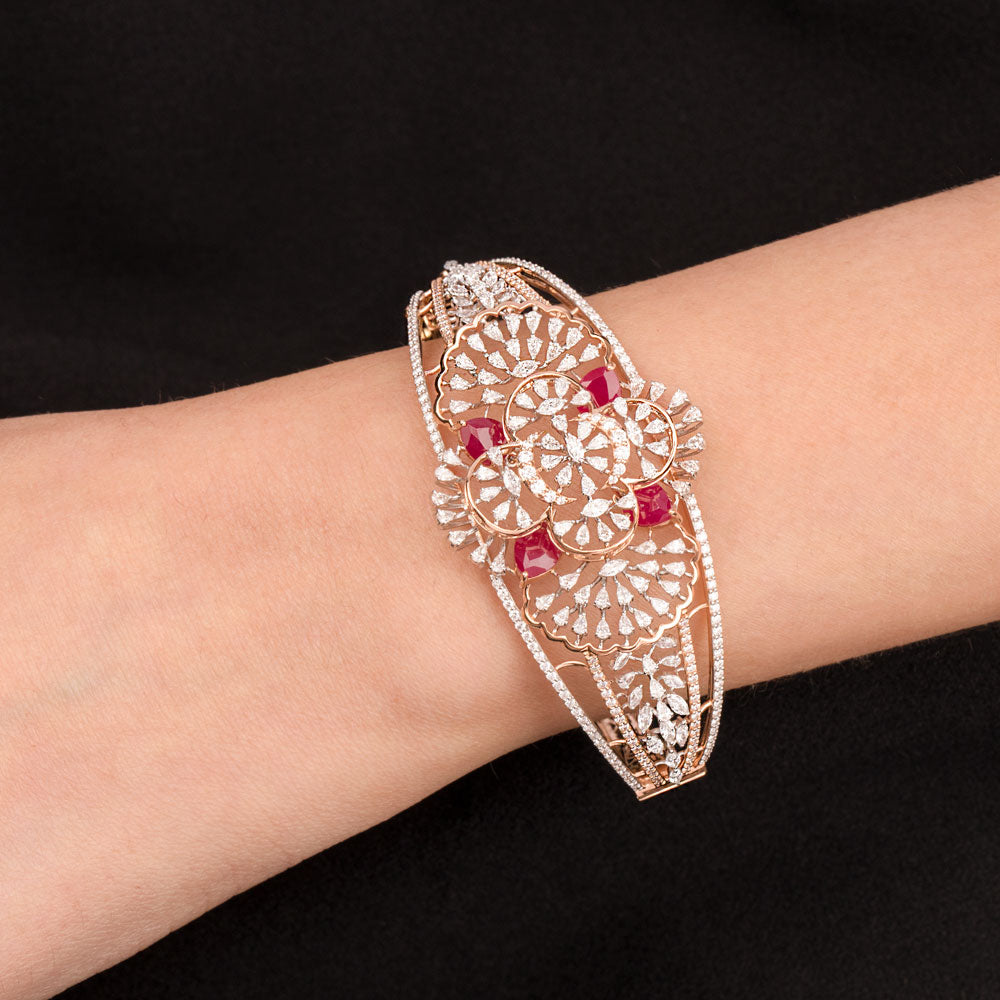 18K Two Tone Gold Diamond Kada - 3.89ct VVS-EF with Colour Stones