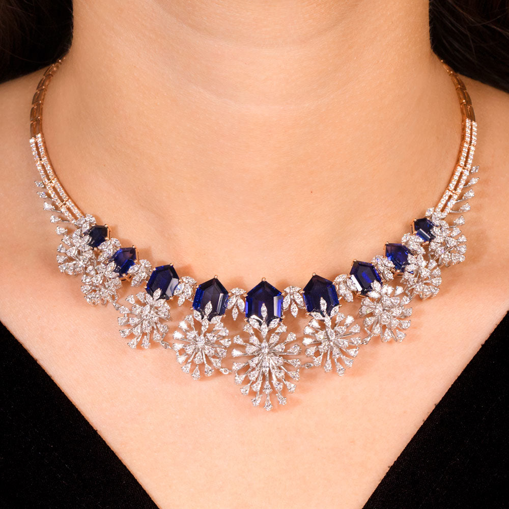 18K Two Tone Gold Diamond Necklace - 8.67ct VVS-EF with Colour Stones