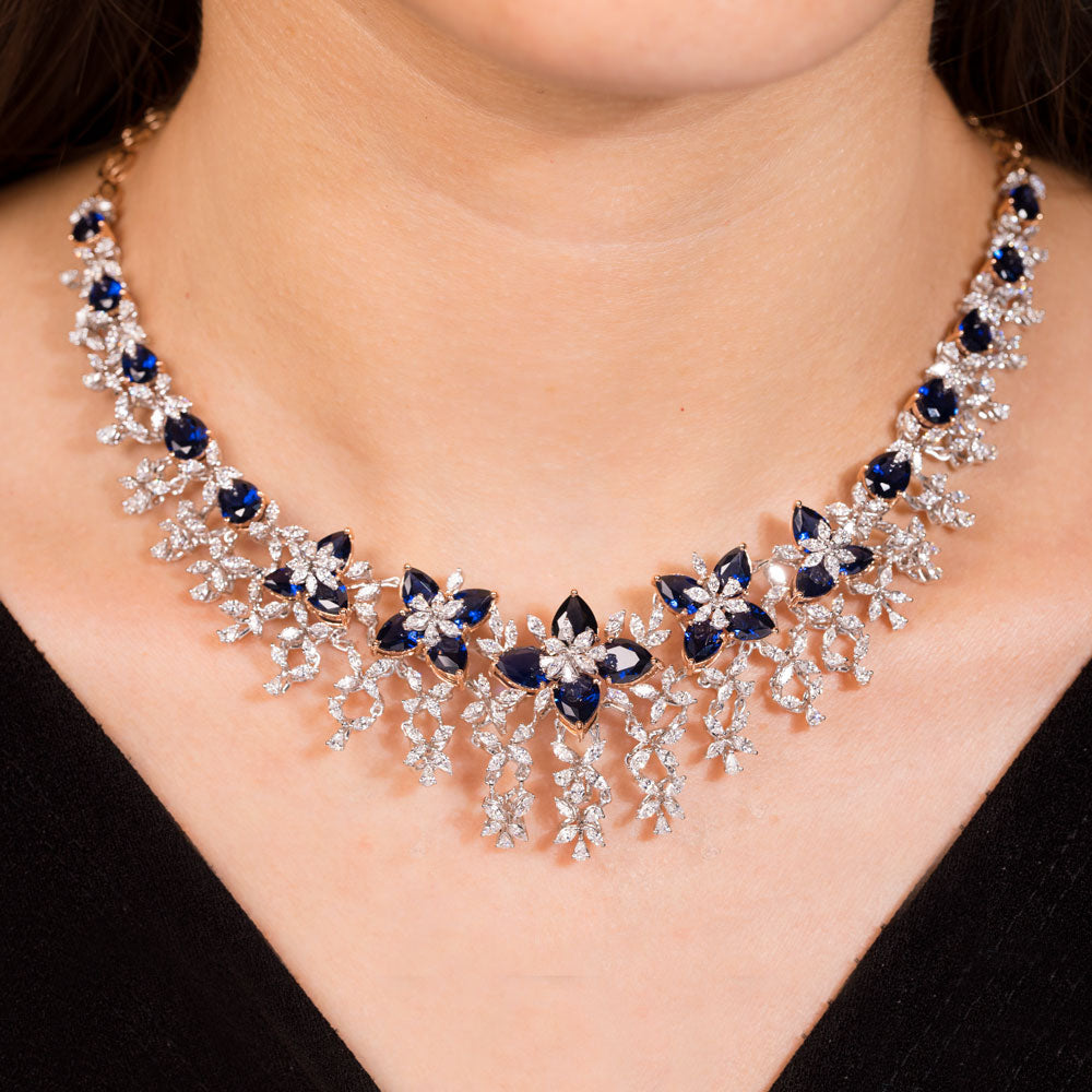 18K Two Tone Gold Diamond Necklace - 7.37ct VVS-EF with Colour Stones