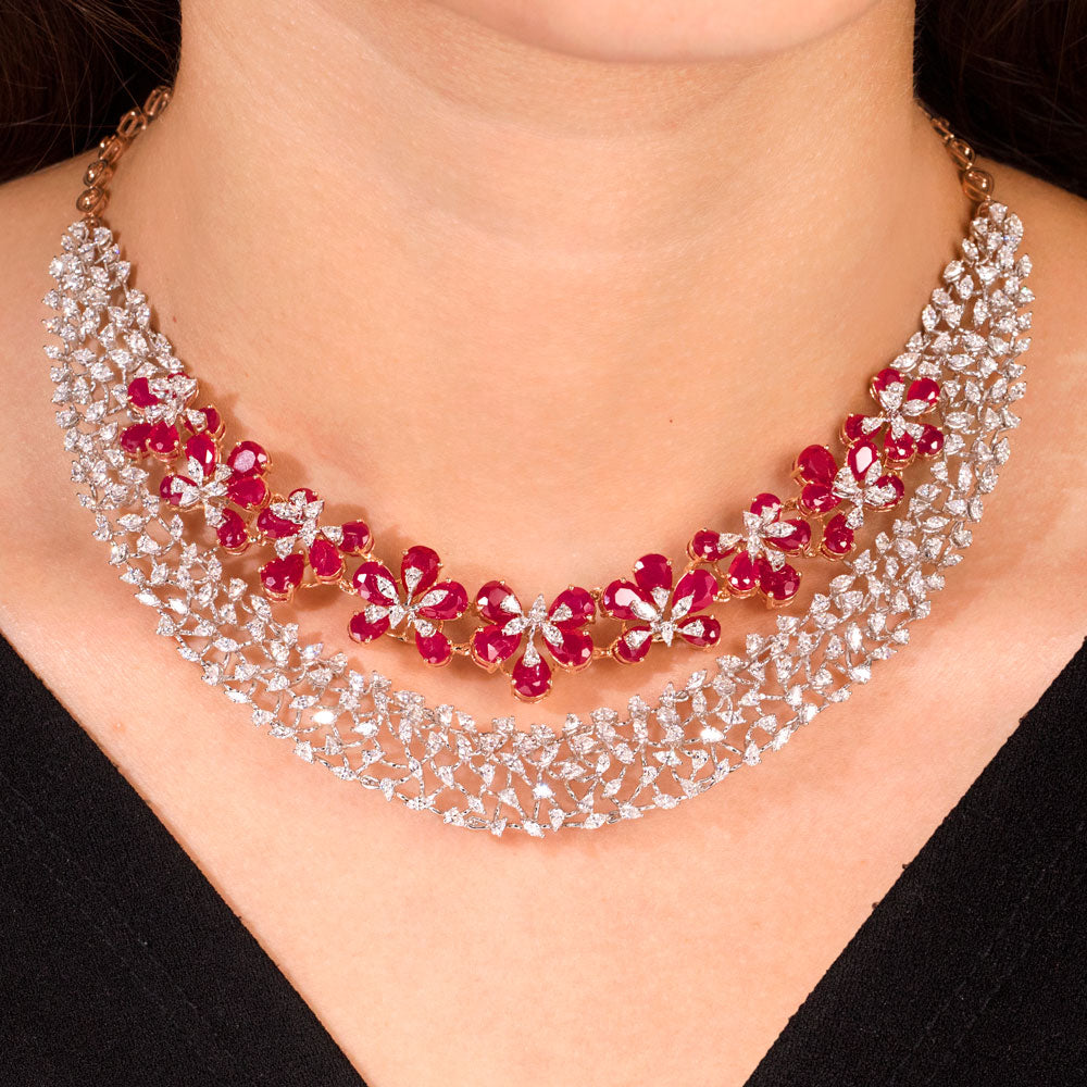 18K Two Tone Gold Diamond Necklace - 9.8ct VVS-EF with Colour Stones