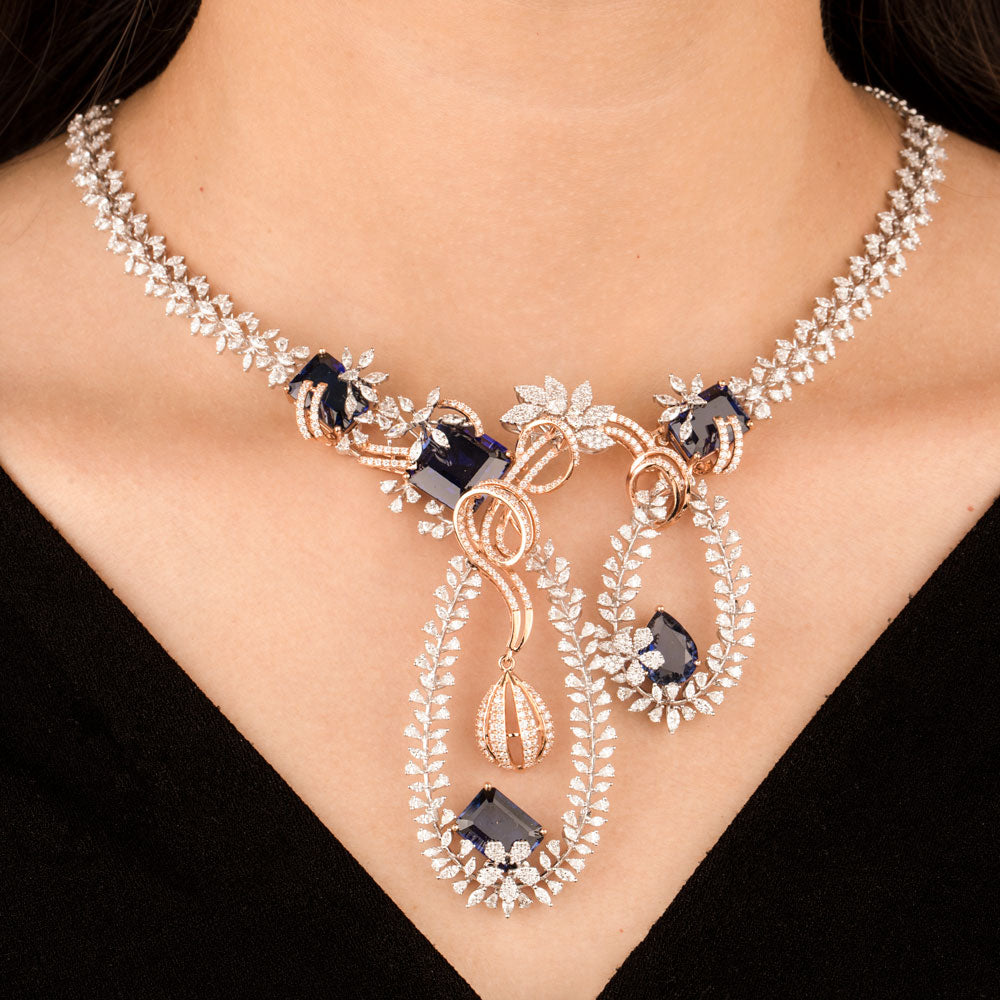 18K Two Tone Gold Diamond Necklace - 10.92ct VVS-EF with Colour Stones