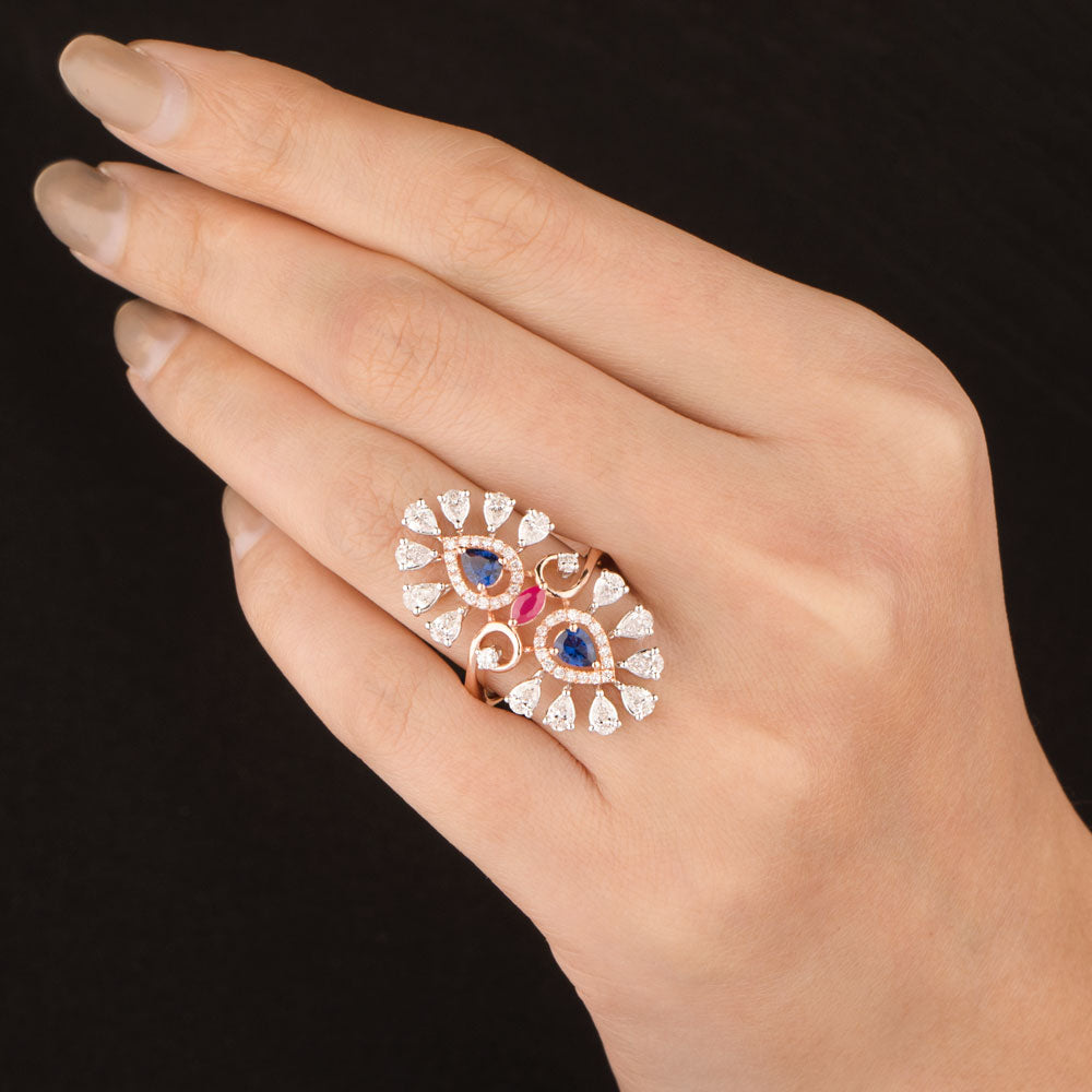 18K Two Tone Gold Diamond Ring - 1.38ct VVS-EF with Colour Stones