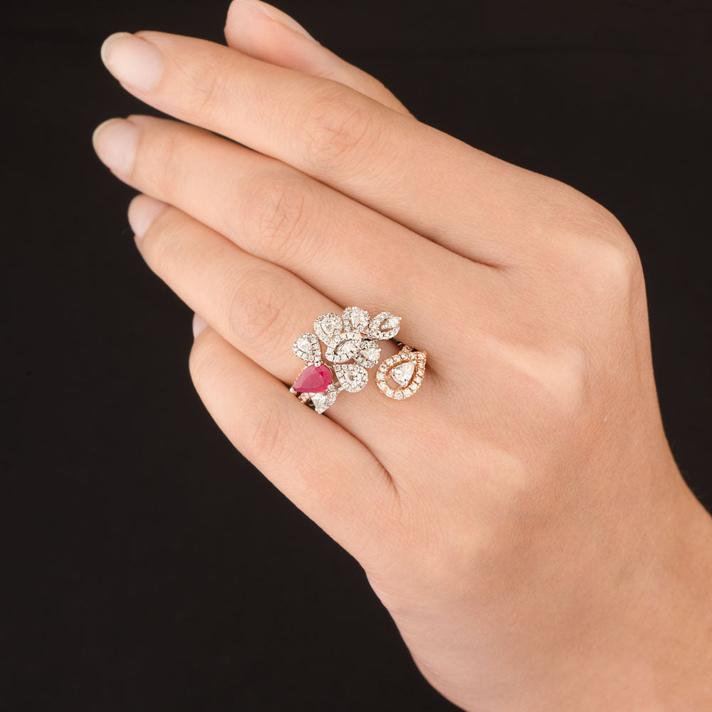 14K Two Tone Gold Diamond Ring - 1.22ct SI-IJ with Colour Stones