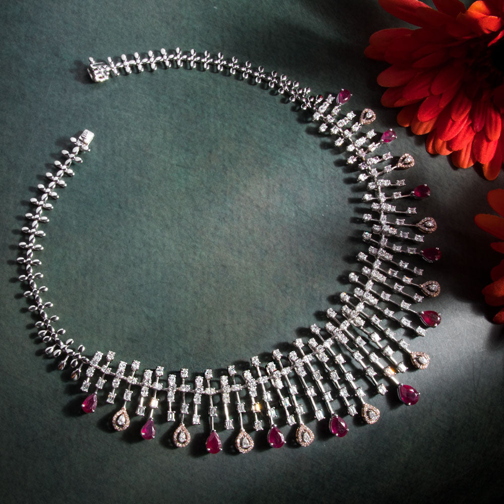 18K Two Tone Gold Diamond Necklace - 18.767ct VVS-VS-EF with Colour Stones