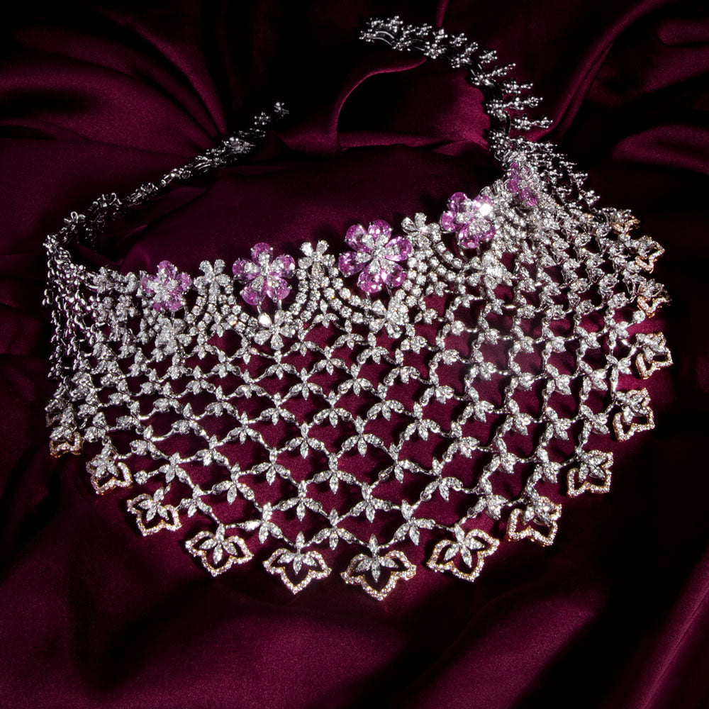 18K Two Tone Gold Diamond Necklace - 29.762ct VVS-FG with Colour Stones