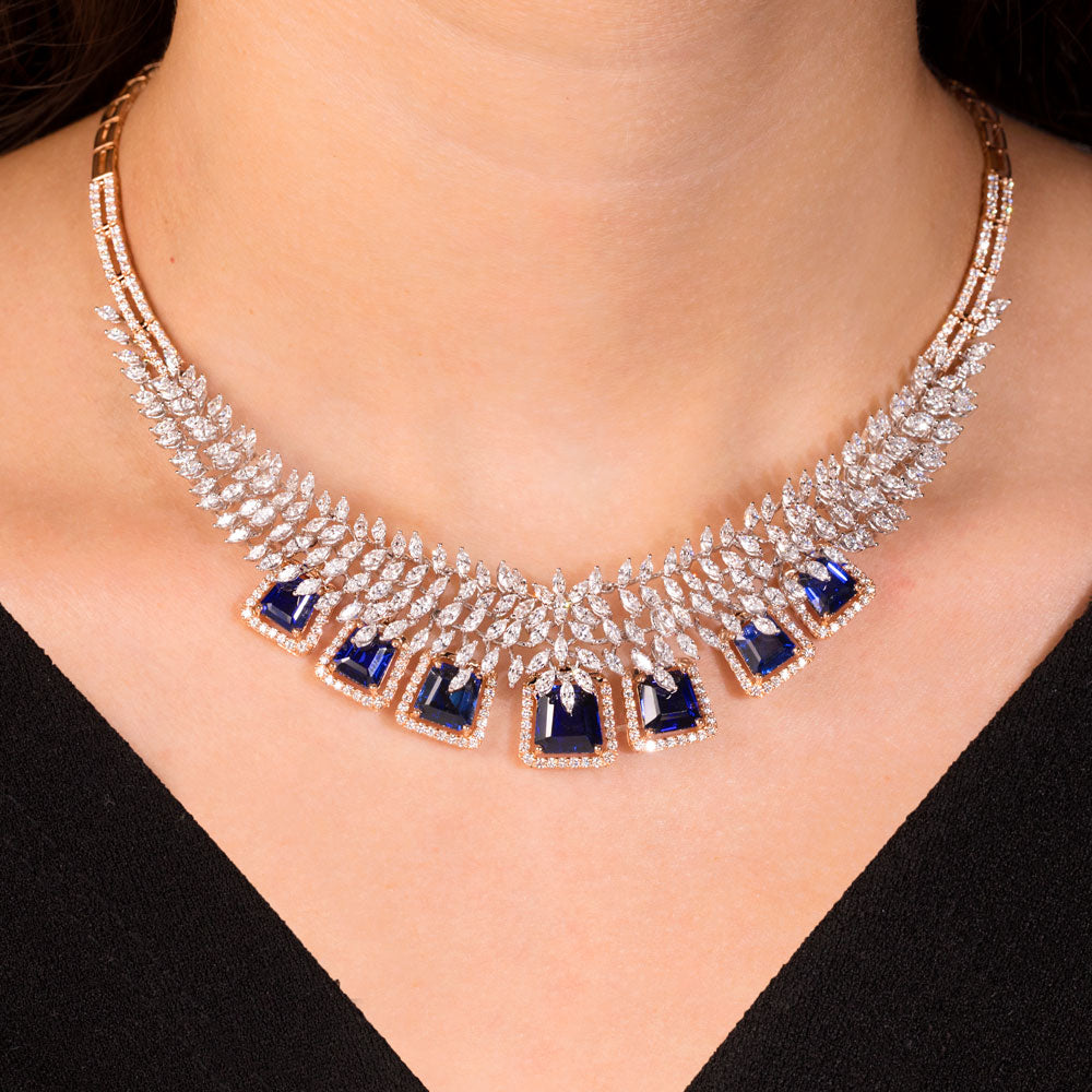 18K Two Tone Gold Diamond Necklace - 9.13ct VVS-EF with Colour Stones
