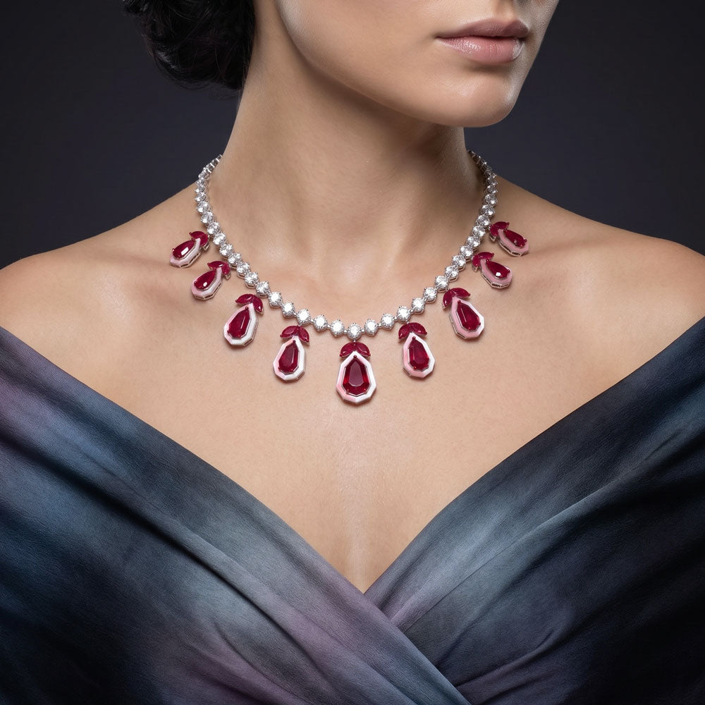 14K White Gold Diamond Necklace - 9.829ct VVS-VS-IJ with Colour Stones
