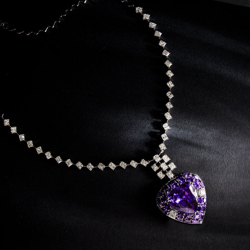 18K White Gold Diamond Necklace - 10.843ct VVS-VS-HI with Colour Stones