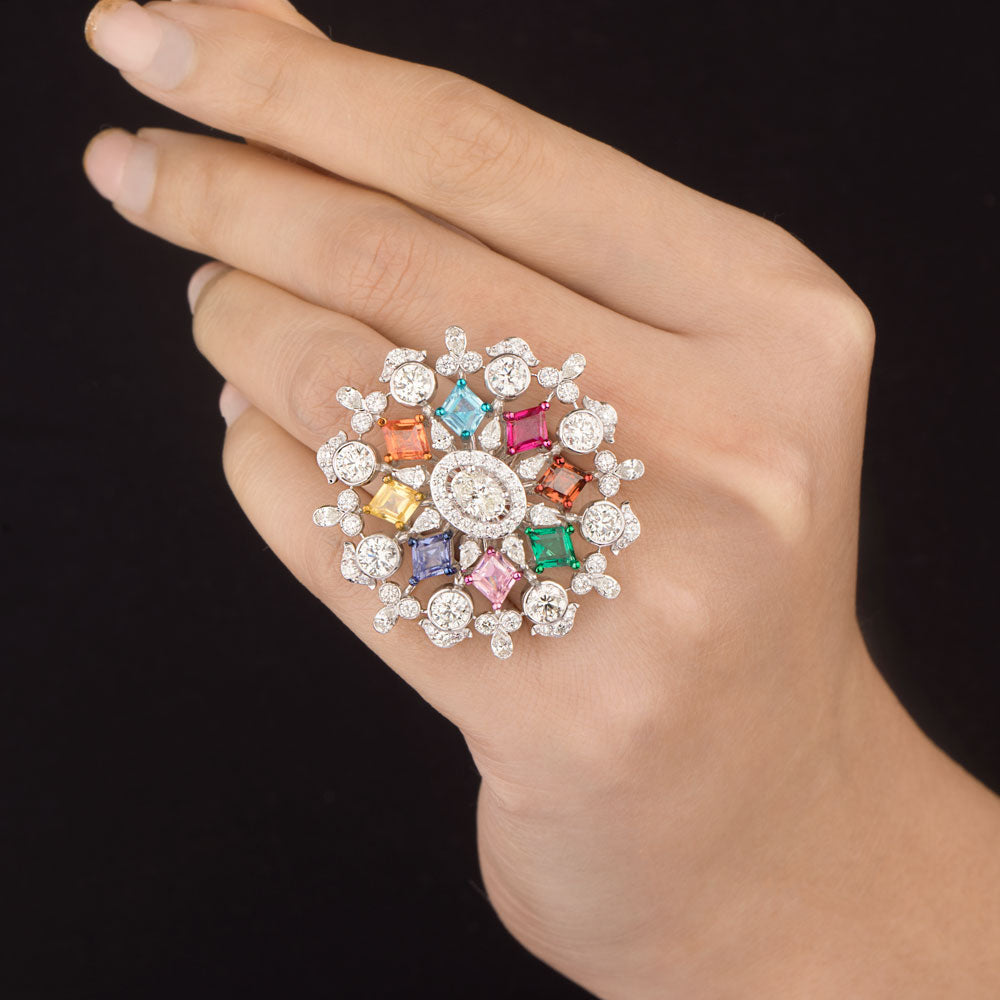 14K White Gold Diamond Ring - 5.172ct VVS-VS-IJ with Colour Stones