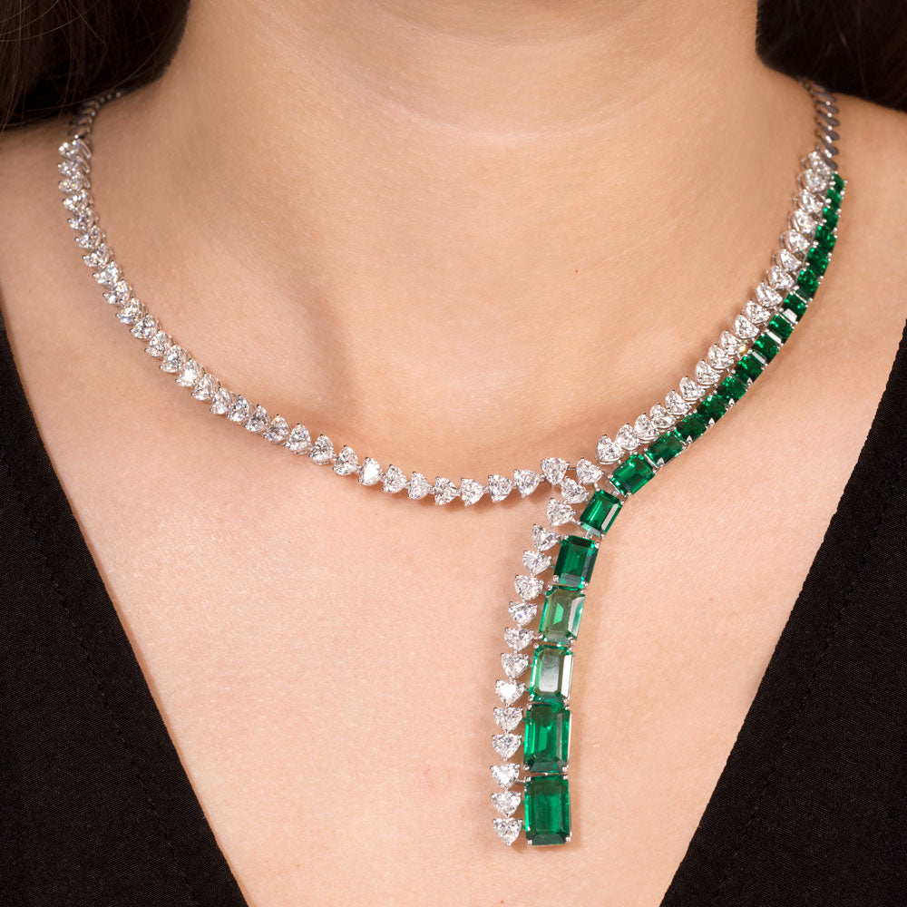18K White Gold Diamond Necklace - 15.33ct VVS-VS-EF with Colour Stones
