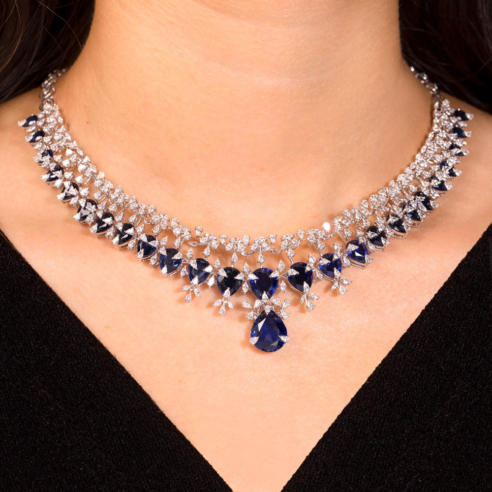 18K White Gold Diamond Necklace - 8.58ct VVS-EF with Colour Stones
