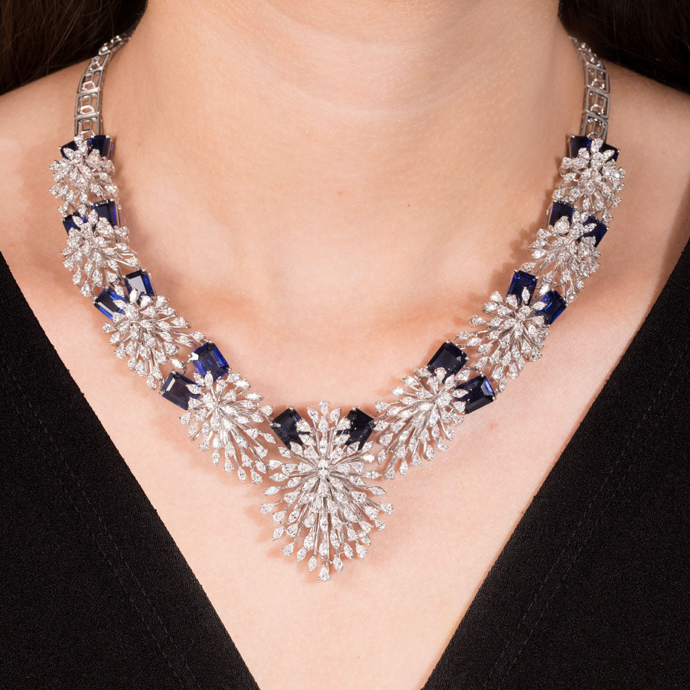 18K White Gold Diamond Necklace - 18.69ct VVS-EF with Colour Stones