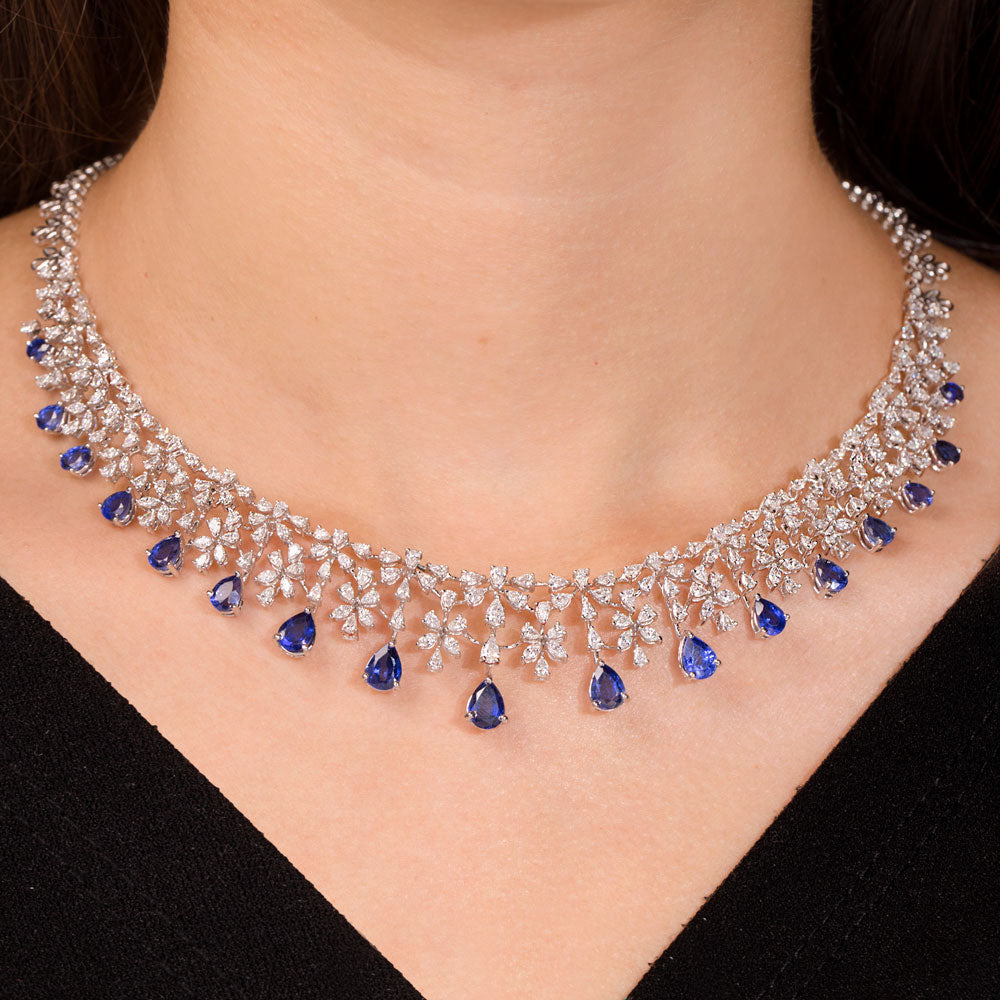 18K White Gold Diamond Necklace - 7.02ct VVS-EF with Colour Stones
