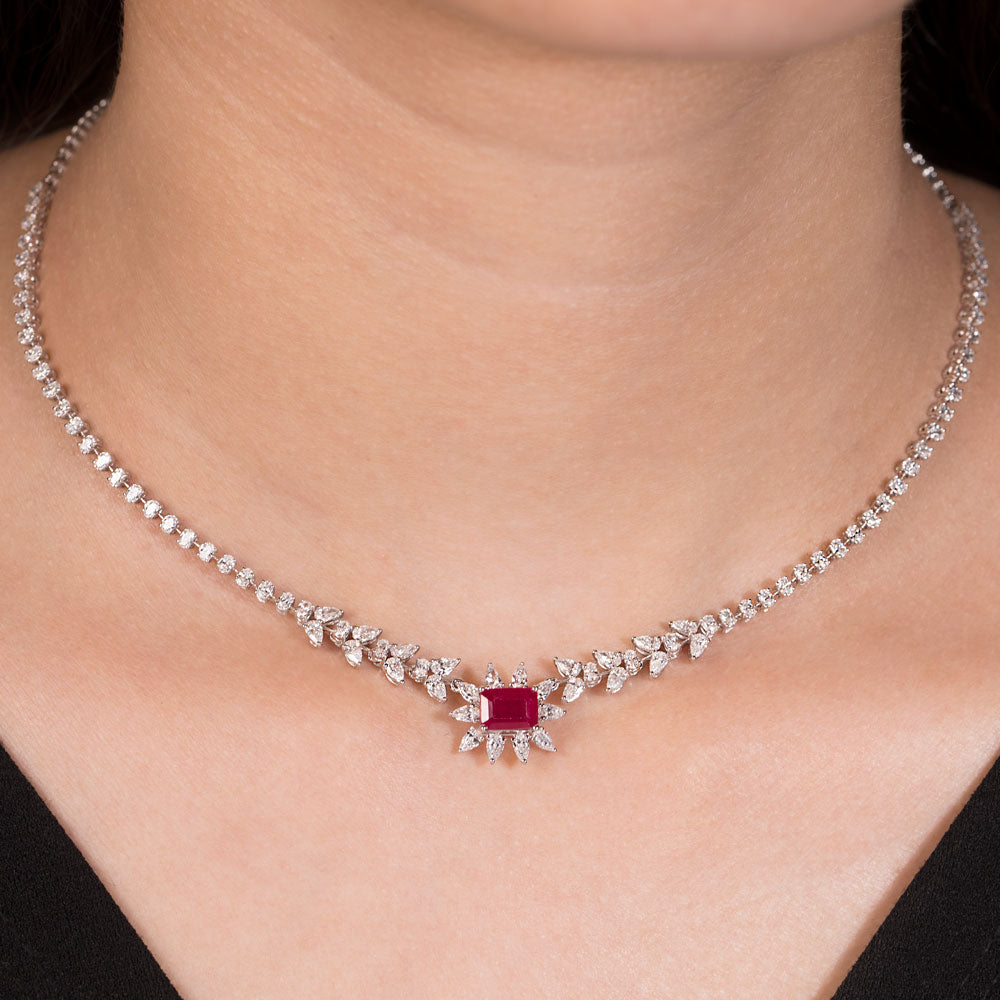 18K White Gold Diamond Necklace - 3.03ct VVS-EF with Colour Stones