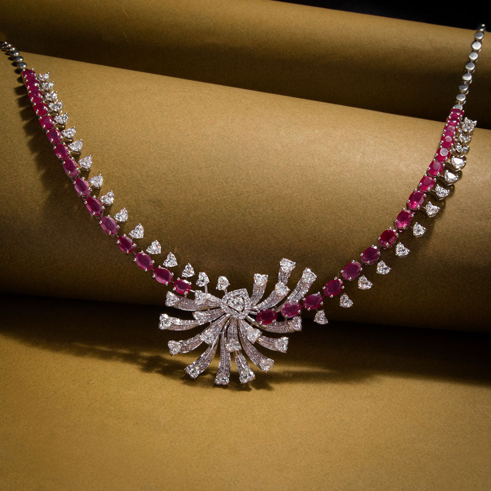 18K White Gold Diamond Necklace - 10.58ct VVS-EF with Colour Stones