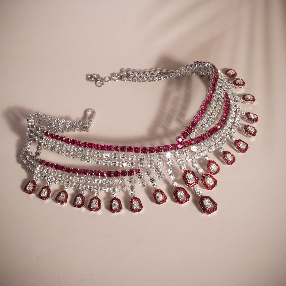 18K White Gold Diamond Necklace - 36.852ct VVS-VS-GH with Colour Stones