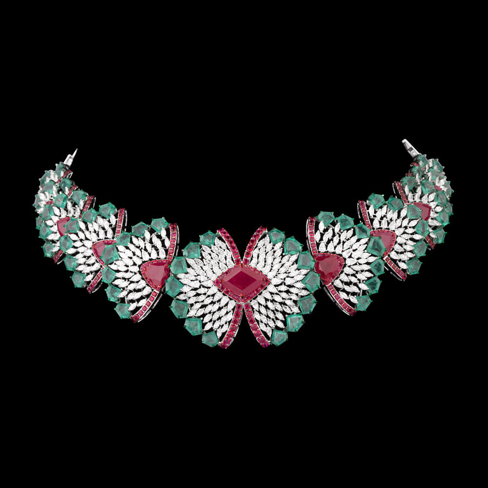 14K White Gold Diamond Necklace - 13.841ct VVS-VS-EF with Colour Stones