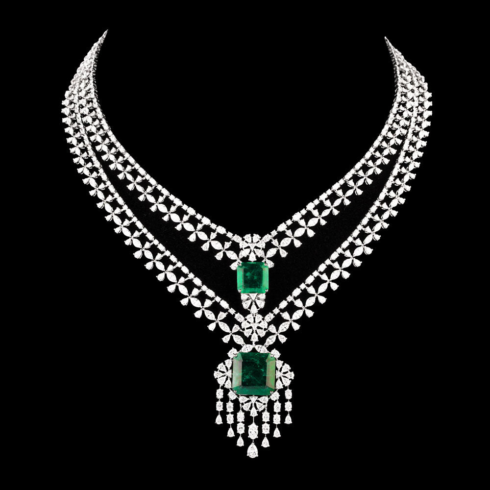 18K White Gold Diamond Necklace - 16.171ct VVS-VS-EF with Colour Stones
