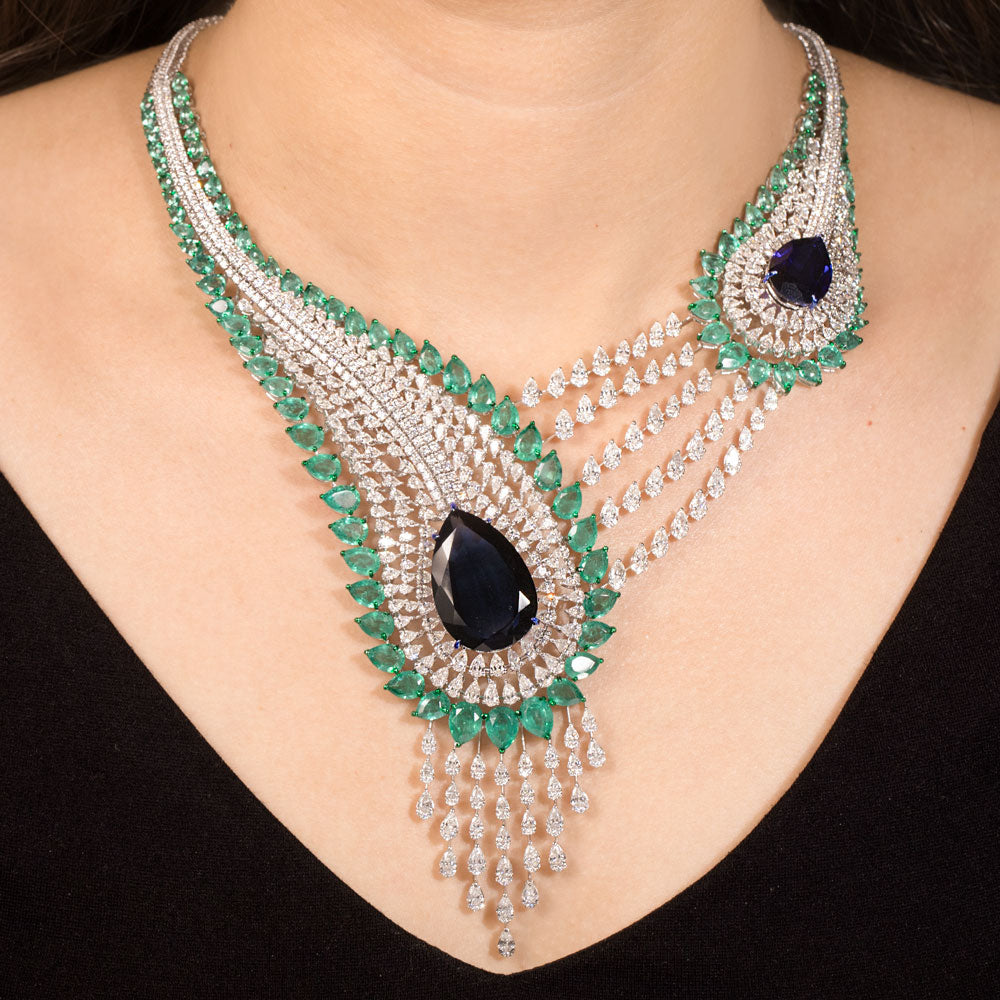 18K White Gold Diamond Necklace - 23.942ct VS-SI-FG with Colour Stones