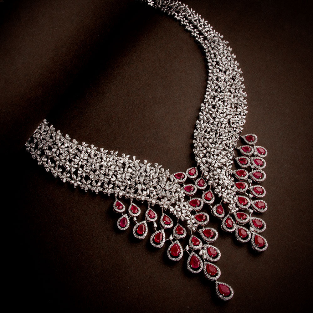 18K White Gold Diamond Necklace - 21.65ct VVS-FG with Colour Stones