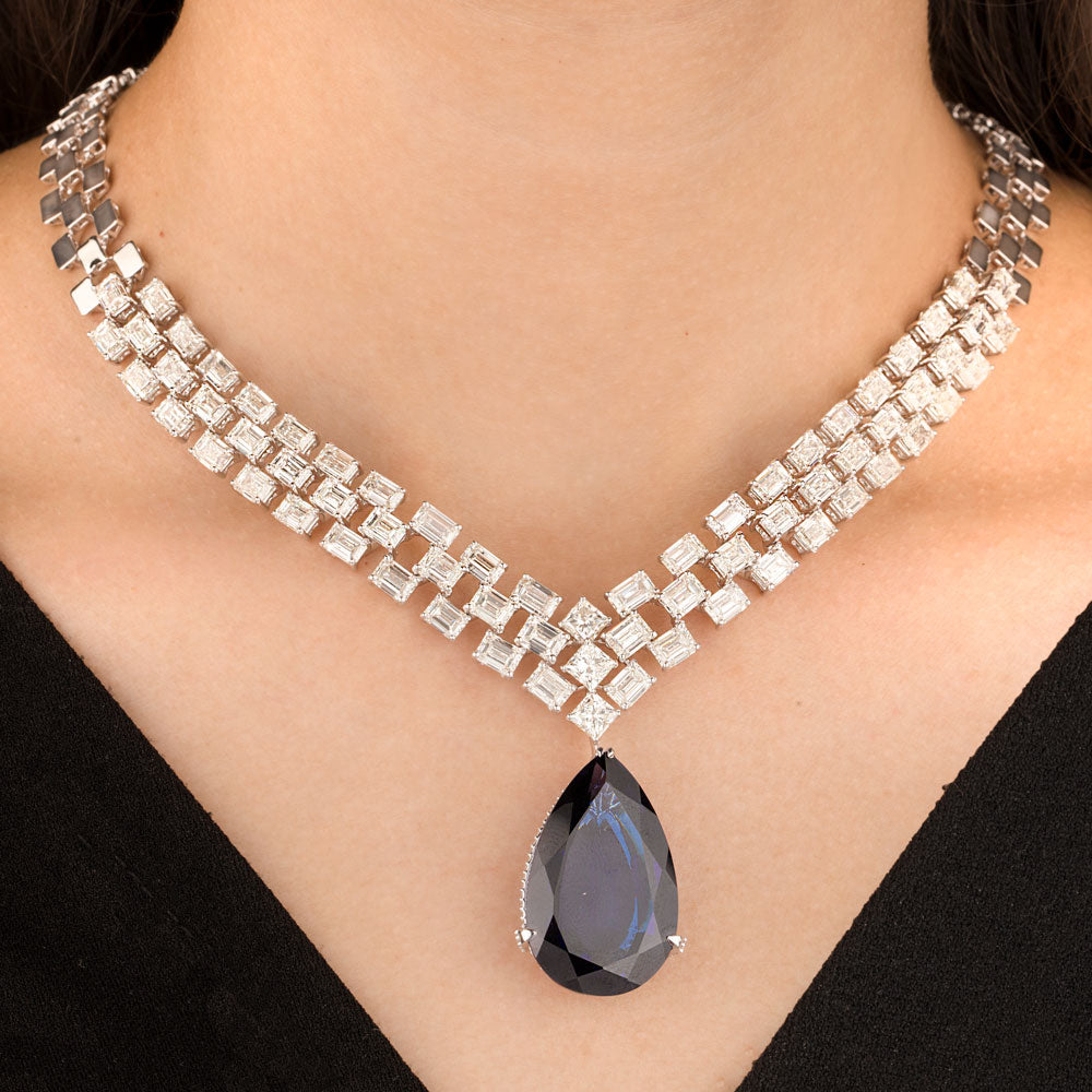 18K White Gold Diamond Necklace - 34.93ct VS-SI-GH with Colour Stones