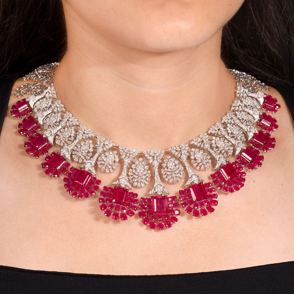 18K White Gold Diamond Necklace - 14.52ct VVS-VS-EF with Colour Stones