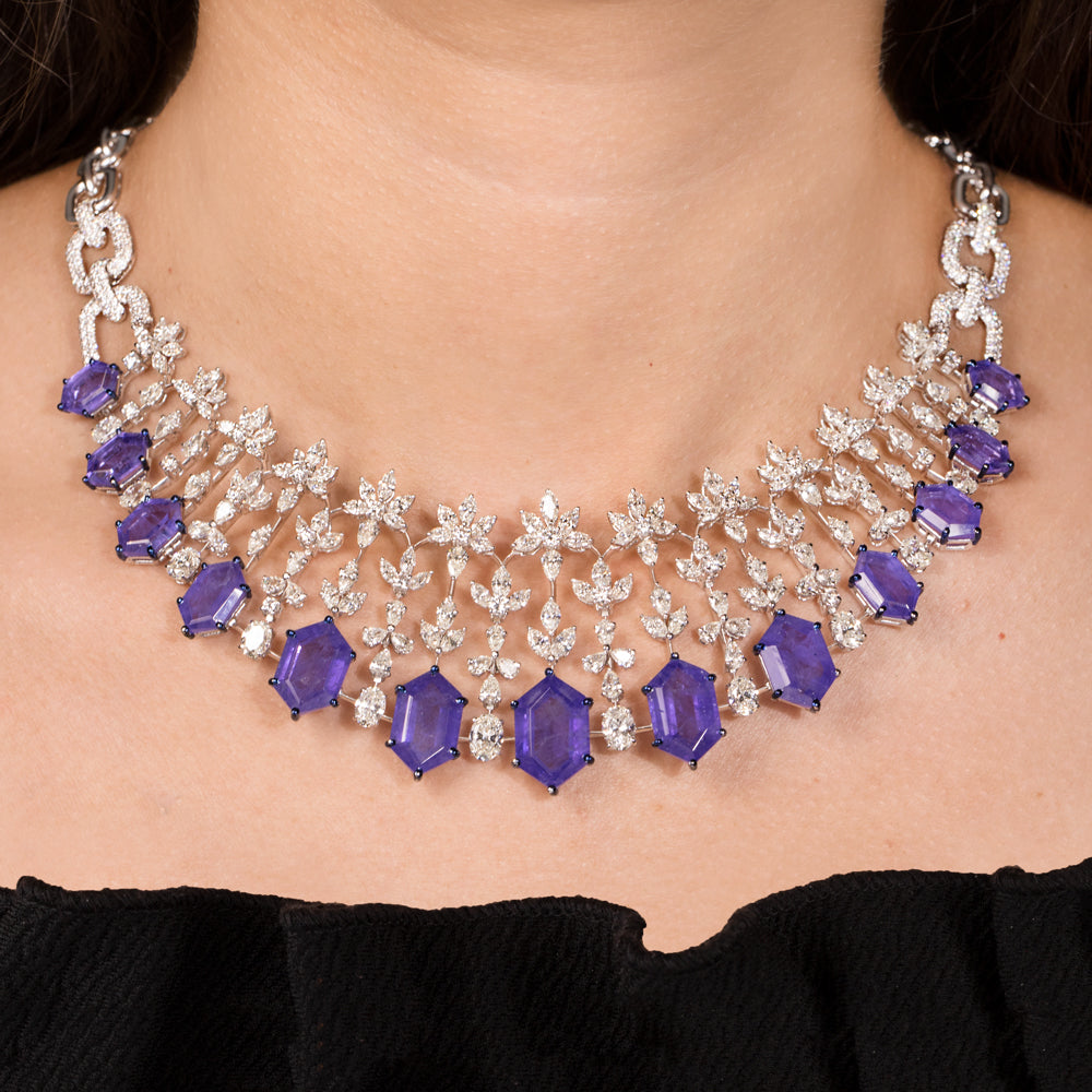 18K White Gold Diamond Necklace - 20.299ct VS-SI-HI with Colour Stones