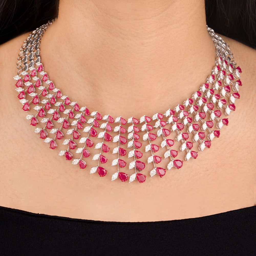 18K White Gold Diamond Necklace - 14.88ct VVS-VS-IJ with Colour Stones