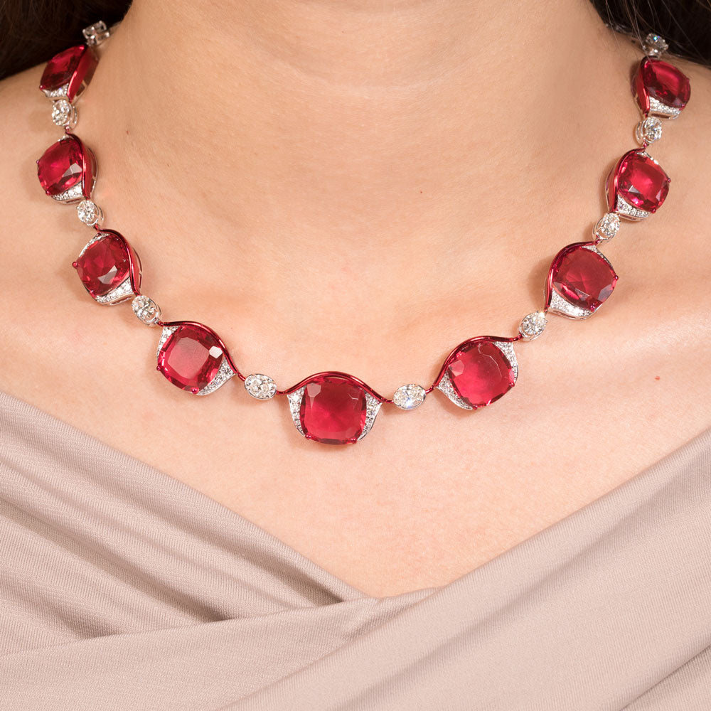 18K White Gold Diamond Necklace - 6.493ct VVS-VS-GH with Colour Stones