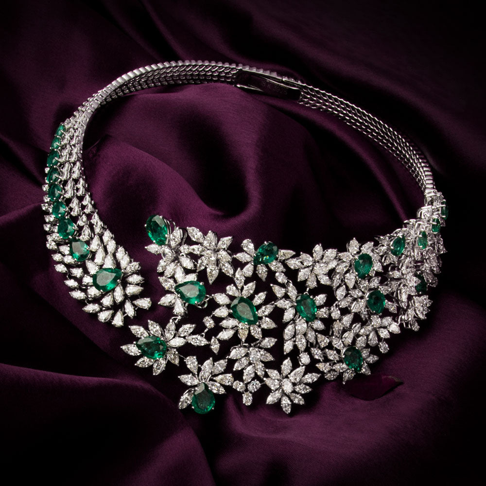 14K White Gold Diamond Necklace - 40.378ct VVS-VS-IJ with Colour Stones