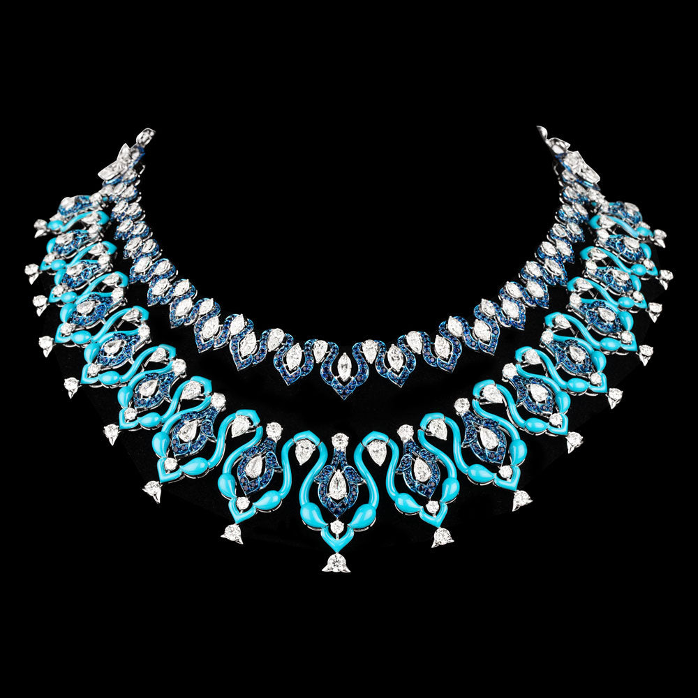 14K White Gold Diamond Necklace - 36.803ct VS-SI-JK with Colour Stones