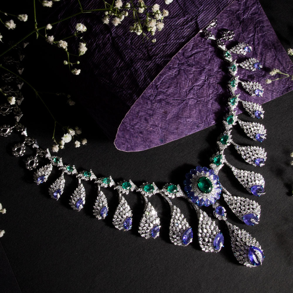 18K White Gold Diamond Necklace - 19.096ct VVS-EF with Colour Stones