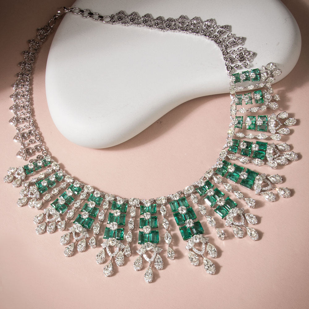 18K White Gold Diamond Necklace - 37.531ct VVS-VS-JK with Colour Stones