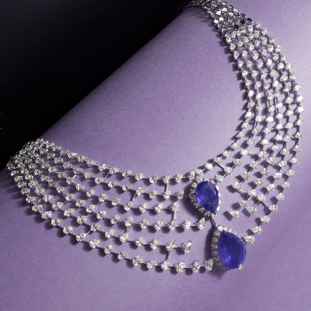 14K White Gold Diamond Necklace - 41.435ct VVS-VS-JK with Colour Stones