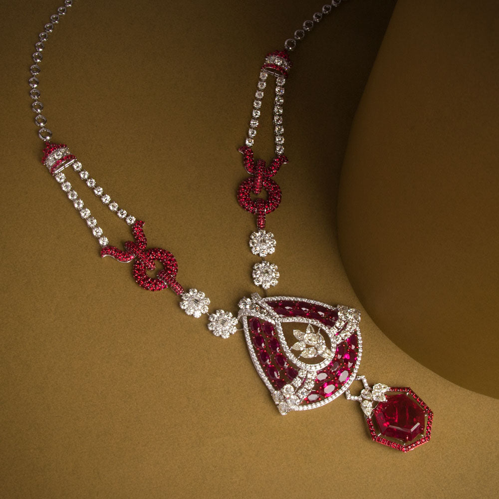 14K White Gold Diamond Necklace - 17.632ct VS-SI-JK with Colour Stones